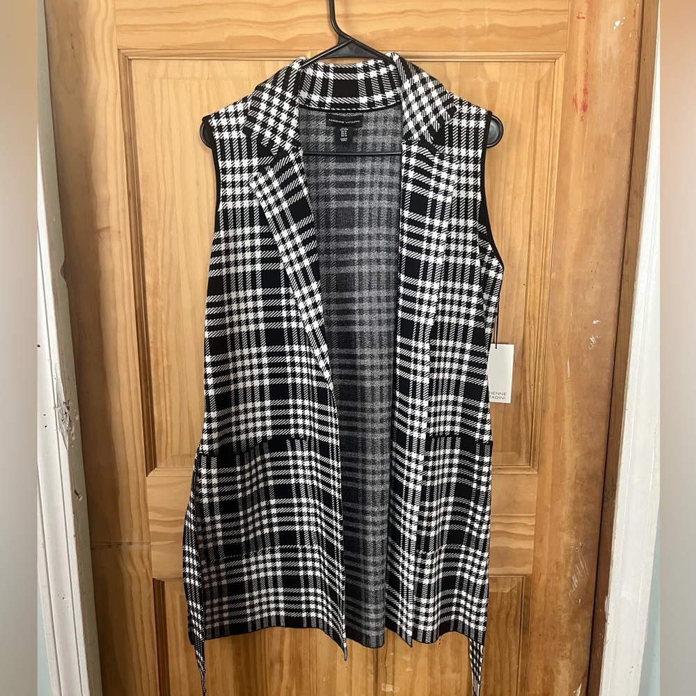 Adrienne Vittadini Sweater Vest Women’s Black Plaid Sleeveless Open Front